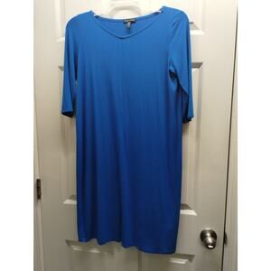 Eileen Fisher Women's Size Small Blue Jersey Stretch Elbow Sleeve Shift Dress